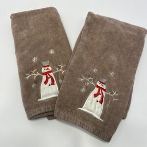 December Home Hand Towels Set of 2 Brown Excellent Christmas Snowman Embroidered
